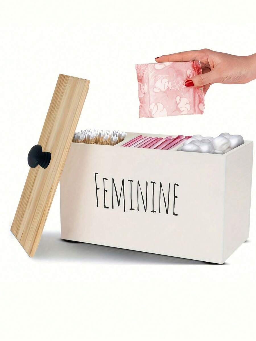 1pc Rustic Farmhouse Wooden Tampon Storage Box With Lid - Versatile Bathroom Organizer For Feminine Products, Home Decor Accessory Tampon Storage For Bathroom Small Bathroom Storage Cabinet - Multicolor - View 1