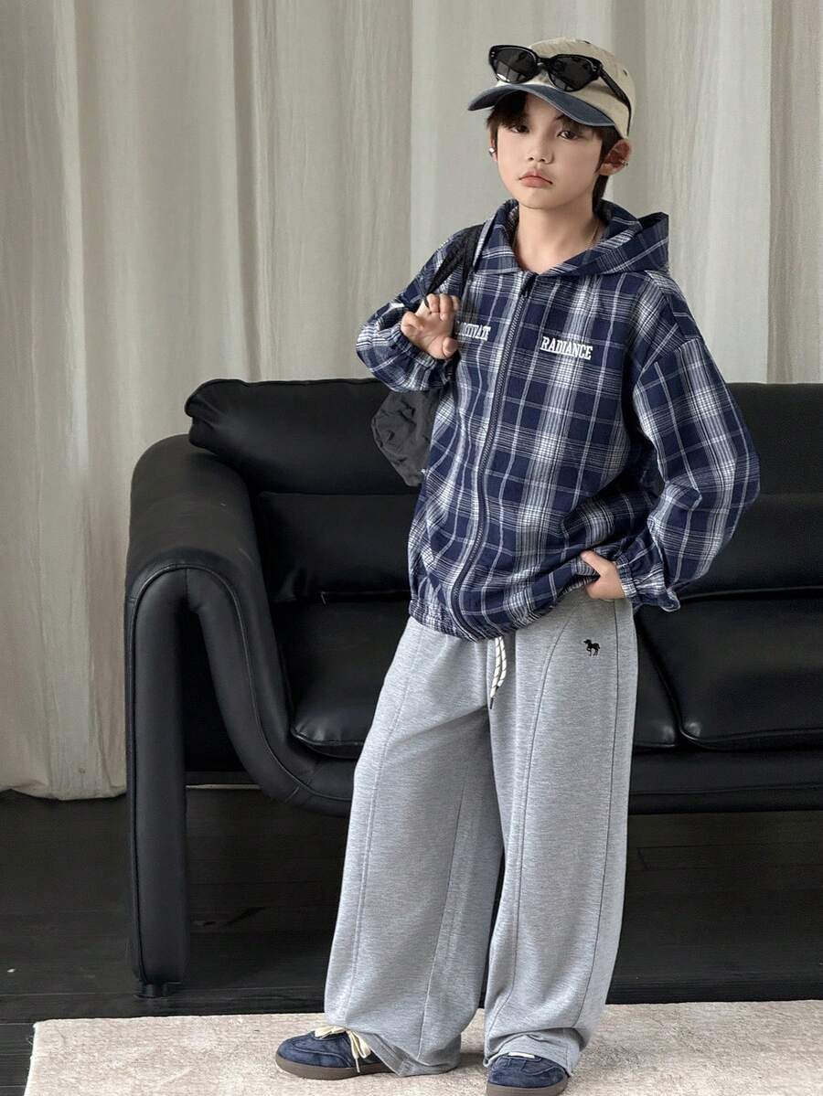 DAZY Tween Boy Letter & Plaid Print Long Sleeve Zip-Up Hooded Jacket Spring - Navy Blue - View 1