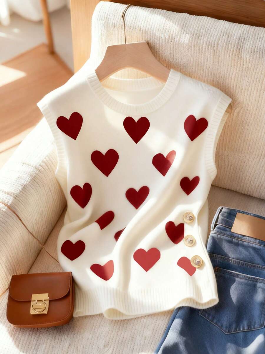 GlowEve Heart Graphic Metal Decor Sleeveless Knit T-Shirt - Red and White - View 1