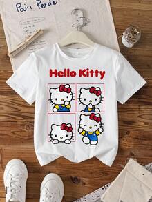 HELLO KITTY AND FRIENDS | SHEIN 少女休闲字母猫咪印花圆领短袖T恤，夏季 - 白色 - 查看 1