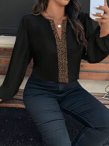 EMERY ROSE Chemise ample à manches longues et col contrasté avec imprimé léopard, style vintage élégant et confortable pour femmes grandes tailles. Convient pour le printemps et l'automne - Multicolore - Voir 3