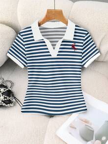Rovax Blusa de manga corta a rayas con estampado de caballero, versátil y adecuada para el uso diario, tallas grandes para mujer - Blanco y Negro - Ver 5