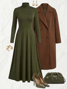 Modelyn Women's Casual Solid Color Turtleneck Long Sleeve Top Dress - Green - View 9