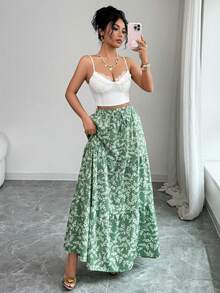 Rafferiza New Women's High-Waisted Long Skirt With Leaf Print, Featuring An Elastic Waistband With Drawstring Tie Detail, And A Multi-Layered, Loose-Fitting A-Line Silhouette. - Green - View 5