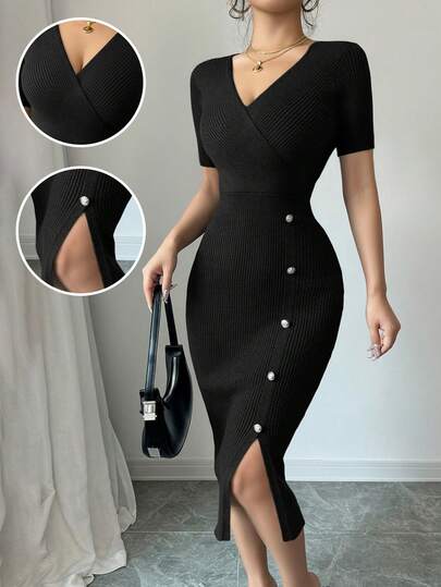 Elenzga Spring/Summer Elegant Casual Button Decor Hem Slit Wrap Fitted Waist Women Sweater Dress