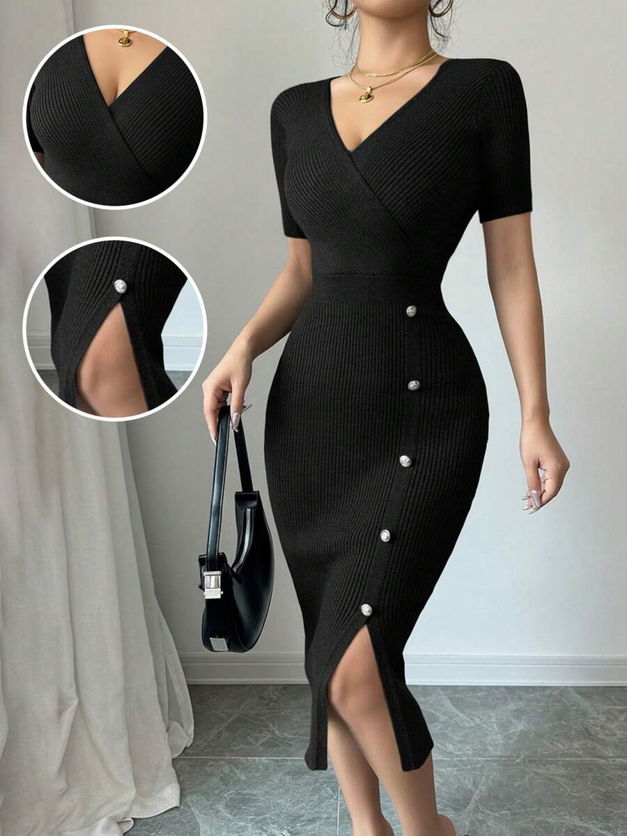 Elenzga Đầm len nữ dáng ôm eo, xẻ tà, trang trí cúc, kiểu dáng thanh lịch thường ngày, thích hợp cho mùa xuân/hè, dành cho nữ. - màu đen - Xem 1