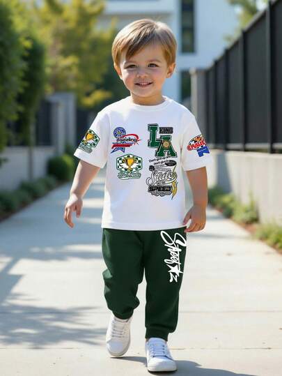 SHEIN 2件套男童休闲简约Y2K涂鸦字母印花短袖上衣和裤子运动套装，适合春夏穿着