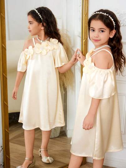 1pc Girls Casual Loose Fit Satin Slip Dress, Sleeveless Floral Neck Design, Elegant & Vintage Style, Suitable For Summer