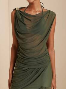 Vesra Áo thun nữ tay ngắn dáng rộng, chất liệu vải xếp ly, trang trí cúc kim loại. - màu xanh lá - Xem 5