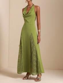SHEIN Veneréa 优雅女士无袖撞色蕾丝摆裙，深V领口，收腰设计 - 綠色 - 查看 7