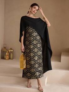 Al Najma Women's Vintage Elegant Asymmetrical Shoulder Arabic Style Dress - Black - View 6