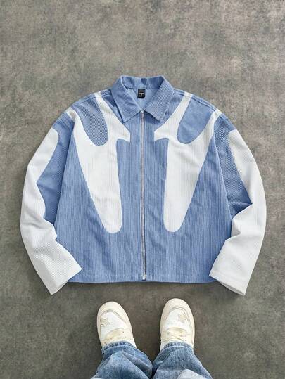 Manfinity Unisex 男士时尚休闲宽松日常穿着拼接灯芯绒长袖衬衫，秋冬季，情侣装