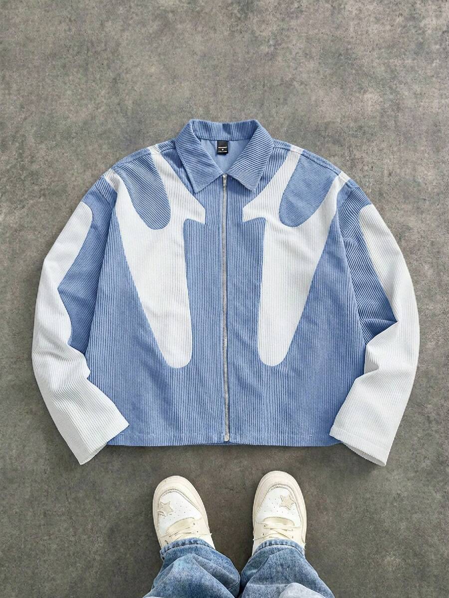 Manfinity Unisex 男士时尚休闲宽松日常穿着拼接灯芯绒长袖衬衫，秋冬季，情侣装 - 淺藍色 - 查看 1