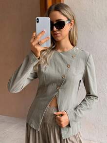 Elyressa Women's Solid Color Round Neck Long Sleeve Decorative Button Fashionable Minimalist Shirt - Green - View 6