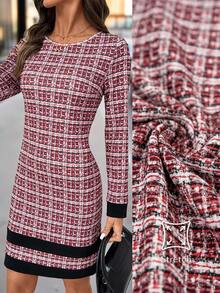 SHEIN Clasi 女式优雅圆领 H 型仿印花针织短裙，适合日常穿着和多种场合，秋季 - 彩色 - 查看 1