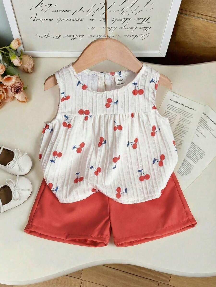 SHEIN 女婴白色纯色提花纹理面料圆领无袖露脐褶皱背心，饰以彩色波点印花，搭配粉色弹力腰舒适简约短裤，休闲度假装扮，春夏皆宜。 - 紅色 - 查看 1
