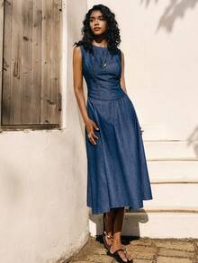 Poéselle 女士休闲无袖露背牛仔连衣裙 - 藍色 - 查看 3