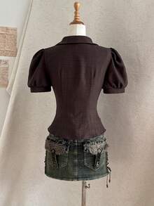 Attitoon Deep Brown V-Neck Vintage Blouse, Waist Cinching Slimming Design Women's Shirt - Brown - View 2