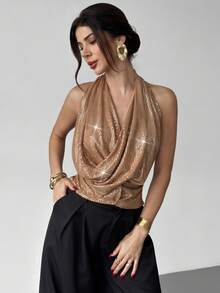 Firerie Top élégant et sexy pour femmes avec sequins dorés, dos nu. Idéal pour l'automne, l'hiver, Noël, les fêtes, le Nouvel An. Top pailleté, brillant, pour boîte de nuit, soirée d'entreprise. Débardeur - Doré - Voir 5