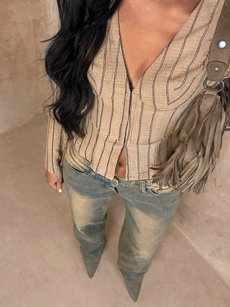 SHEIN Glamour Beige Autumn Chic Brunch Women Shirt, Deep V-Neck Pleated Textured Striped Print Front Button Long Sleeve Minimalist Urban Comfort Western Top - Khaki - View 1