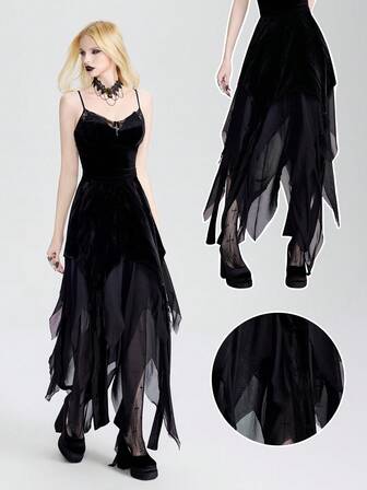 Breakform Falda maxi asimétrica de cintura elástica con parches de terciopelo vintage gótico para mujer, adecuada para salidas, fiestas y eventos festivos