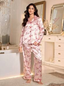 LuxeNights 粉色可爱爱心印花仿丝绸女士睡衣套装 - 粉色 - 查看 6