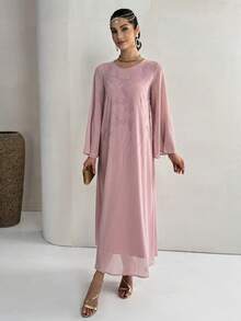 Al Najma Women's Rhinestone Embellished Round Neck Long Sleeve Elegant Arabic Style Dress - Pink - View 3