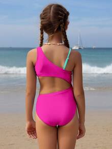 SHEIN Bộ đồ bơi liền thân dệt kim dễ thương dành cho bé gái tuổi teen, thiết kế dây đeo bất đối xứng, khoét eo, thời trang và thanh lịch, thích hợp cho bãi biển, kỳ nghỉ và bơi lội mùa hè. - Nhiều màu - Xem 2