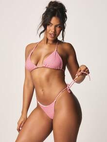 MISSGUIDED Striped Triangle Bikini Set With Halter Neck Tie Top And String Side Bikini Bottom Summer Beachwear Two Piece Swimsuit - Multicolor - View 3