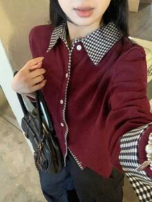 DAZY Women's Plaid Patchwork Long Sleeve Single-Breasted Casual Knitted Cardigan, Autumn/Winter - Burgundy - View 4