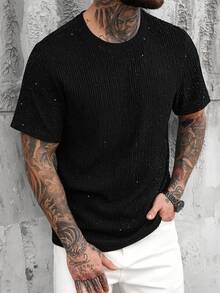 SLATEMANN Men's Comfortable Crinkle Fabric Glitter Short Sleeve Crew Neck T-Shirt,Casual Vacation Yamamoto Series Top For Party,Dining,Cocktail Party&Salon - Black - View 6