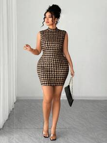 Elenzga Elenzya 大码优雅无袖连衣裙，随机千鸟格图案，立领 - 咖啡棕 - 查看 4