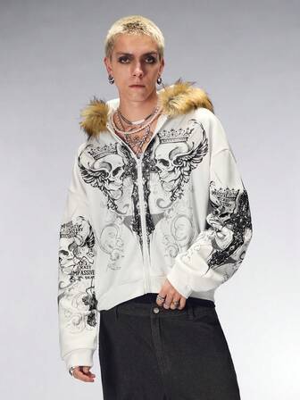 Sudadera con capucha unisex con estampado en inglés y cuello de piel, para otoño/invierno