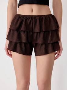 Ardnt Retro Brown Layered Hem Sweet & Playful Design Low Waist Slimming Fashionable Layered Women Shorts, Spring - Brown - View 1