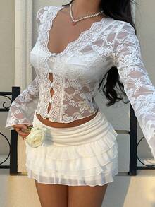 MainGRL White Lace Sexy Sheer Cropped Front Button Bodycon T-Shirt,Valentine's Day See Through Top Lace Long Sleeve Top - White - View 1