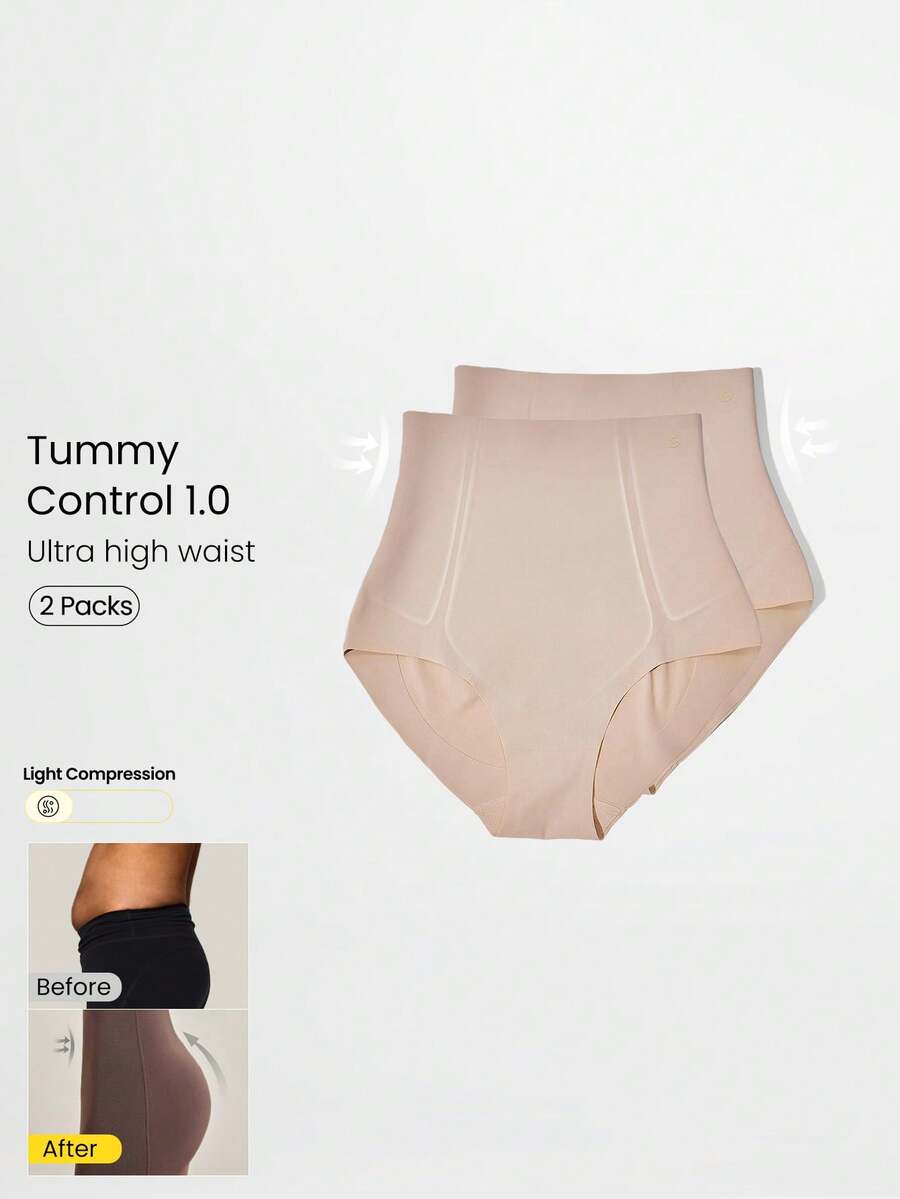 GLOWMODE 2 Pack Sculpt Fit High-Rise Waist Tummy Control Butt-Lifting Shapewear Coverage Underwear Daily Casual - Apricot - View 1