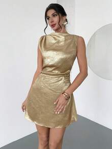 Firerie Women's Elegant Minimalist Delicate Romantic Sweet Daily Commute Wedding Party Music Festival Vacation Pleated A-Line Mini Dress, Red Camisole,Women's Glamorous Gold High Neck Sleeveless Mini Dress  Mini Dress For Women With High Neck Clubwear Or Event Attire,Perfect For Parties And Special Occasions Elegant Sleeveless Golden - Champagne - View 5
