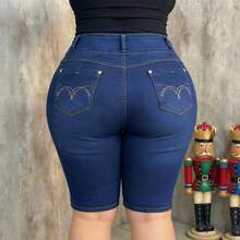 Women Design Embroidery Pocket Style High Shot Urban Style Summer Pants - Blue - View 2