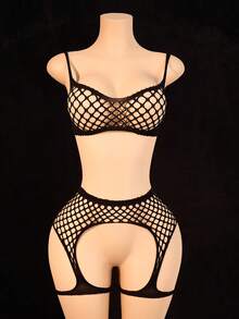 Conjunto de lencería negra sexy de 2 piezas ChaseTheNight, hecho de material de red, agrega un atractivo misterioso para citas nocturnas - Negro - Ver 3