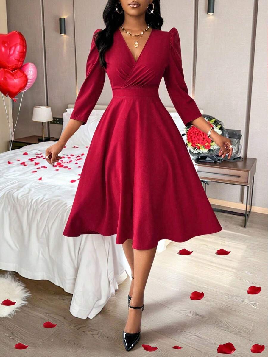 EMERY ROSE V-Neck Waist Cinched 3/4 Sleeve Flared Dress For Women For New Year Clothes Maxi Women Outfit