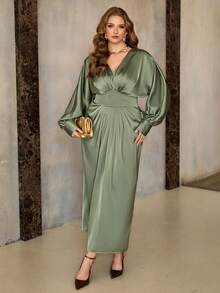 Roveilla Đầm maxi satin xếp ly nhún eo có thể điều chỉnh dành cho nữ cỡ lớn, phong cách Pháp cổ điển thanh lịch, phù hợp cho công sở, tiệc tùng, Giáng sinh, Lễ Tạ ơn, Năm mới, mùa thu/đông. - màu xanh lá - Xem 4