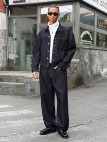 Manfinity EMRG Men's Dark Blue Denim 2 Pieces Set, Casual Jacket And Loose Fit Pants, Spring/Autumn Mens Denim Set Baggy Jeans Man