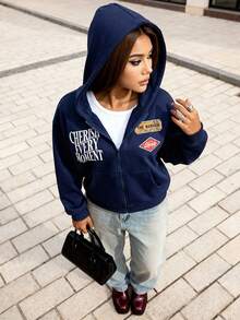 Manfinity Unisex 男士休闲拉链连帽衫，带丝网印花，宽松版型，春秋季，秋冬 - 寶藍色 - 查看 5