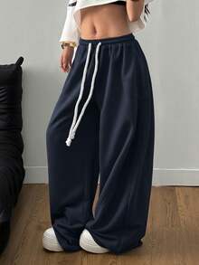 SHEIN Tall CURVE 大码女式街头风外出休闲裤，大码弹力腰带，舒适灰色筒状裤腿 - 藏蓝色 - 查看 4