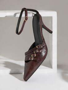 SHUZIA Sepatu hak tinggi wanita elegan dan bergaya dengan ujung runcing, tali pergelangan kaki, dan hiasan gesper. - Burgundy - View 7