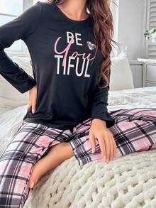 Lazeform Letter Grid Printed T-Shirt & Long Pants Pajamas Set, Fall Winter Clothes Cozy And Elegant Details