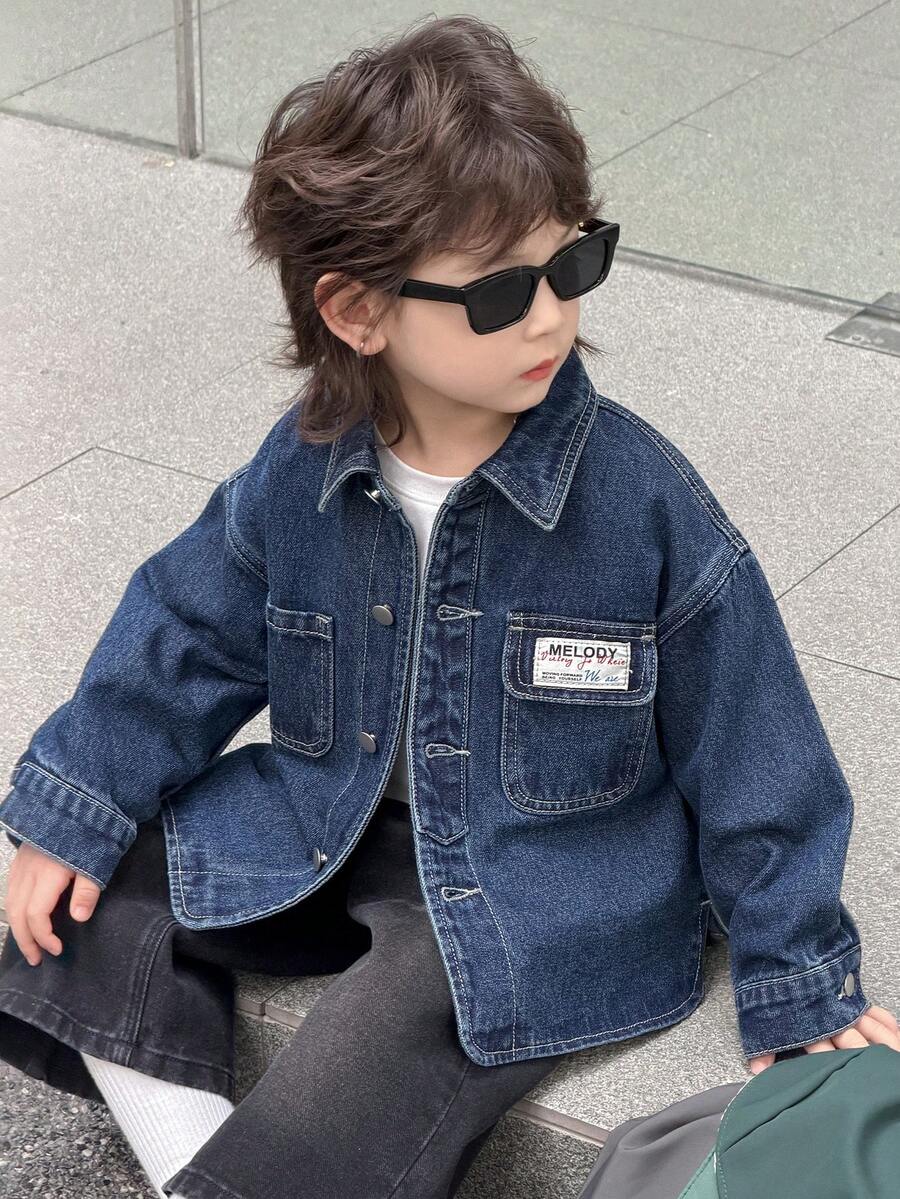 DAZY Young Boy Casual Washed Letter Denim Jacket - Blue - View 1