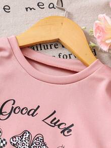 SHEIN Genkimix Kids 2件套女童碎花、格子、豹纹、三叶草、爱心图案长袖T恤和短裤套装，宽松可爱休闲装，适合春、夏、秋季穿着；粉色超大款卫衣，女童粉色卫衣套装 - 粉色 - 查看 6