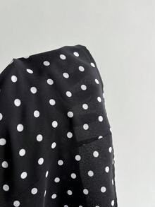 Elamini Women's Polka Dot Metal Hidden Button Pleated Vintage Blouse - Black and White - View 5