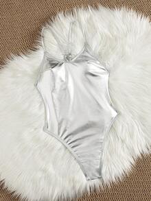 Swim SXY 女士性感欧美风音乐节派对大胆前卫户外夏季海滩简约优雅休闲度假金属箔涂层/烫金光泽质感面料圆领交叉细肩带+金属环装饰露背设计连体泳衣修身款，适合海滩、春假、返校季、慕尼黑啤酒节、音乐节、假期、春季促销、海滩度假银色连体泳衣金属银色连体泳衣狂欢连体泳衣性感连体泳衣 - 銀色 - 查看 6